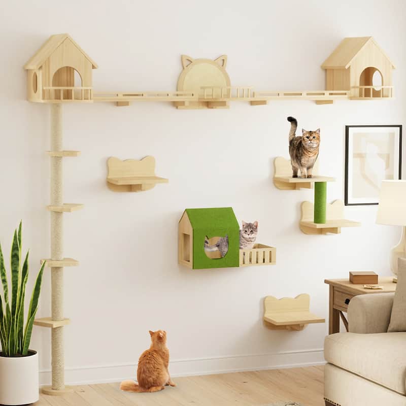 Moasis 21-Piece Cat Wall Shelves Set, Pine Wood Cat Wall Furniture with 3 Houses, 1 Cat Bed, 6 Sisal Posts and 2 Tunnels