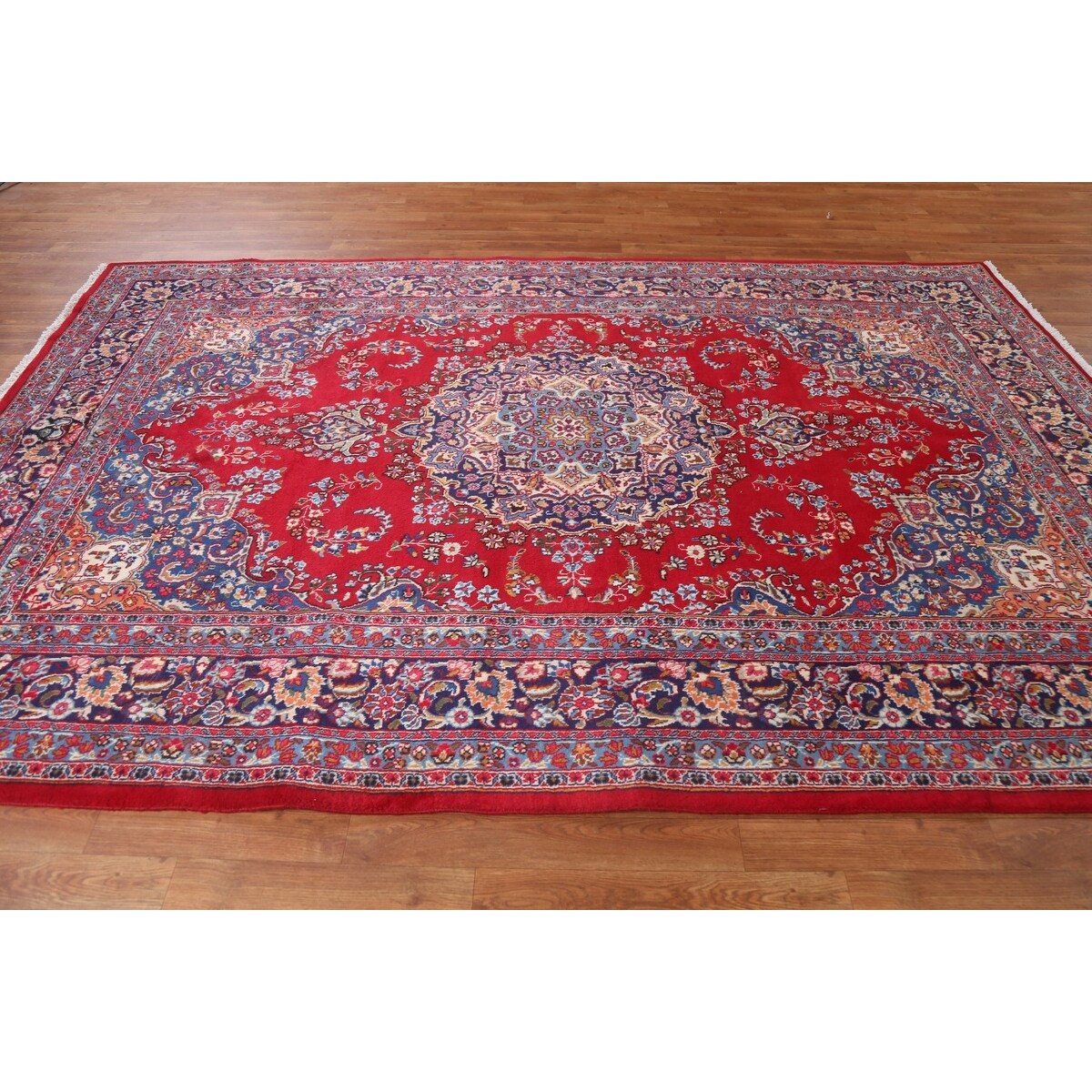 Vintage Floral Mashad Persian Area Rug Hand-knotted Red Wool