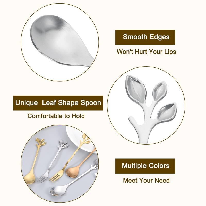 6Pcs 4.8" Stainless Steel Leaf Coffee Spoon Tableware Dessert Spoons