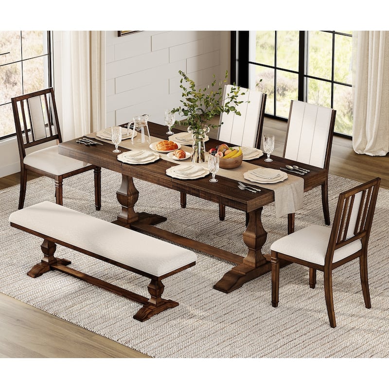 6-pieces Farmhouse Dining Table for 6, 74.8" Kitchen Table Set with 4 Chairs and Bench, Solid Wood Legs and Cushion Seat