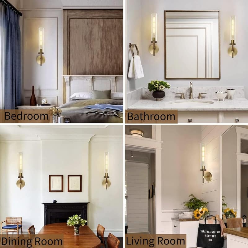 KAYLA Indoor Wall Light, Brass Wall Sconces Lighting Fixture, Bathroom Vanity Wall Sconces, Glass Tube Wall Sconces(2-Sets)