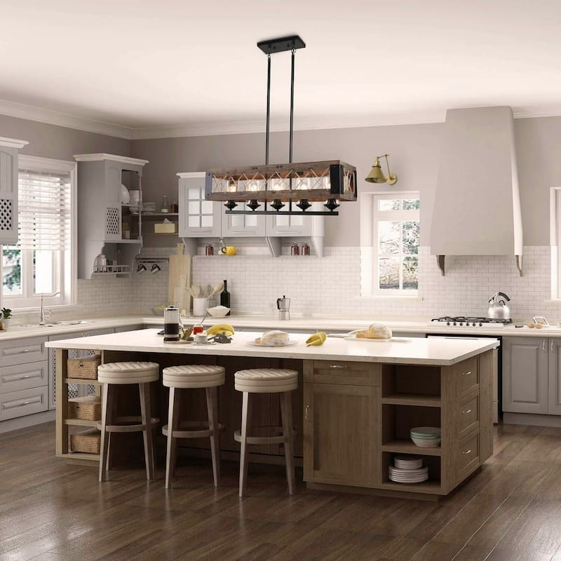 Farmhouse 5-Light Wood Chandelier Rustic Kitchen Island Lights for Dining Room - W31.9" X E10.6" X H10.2"
