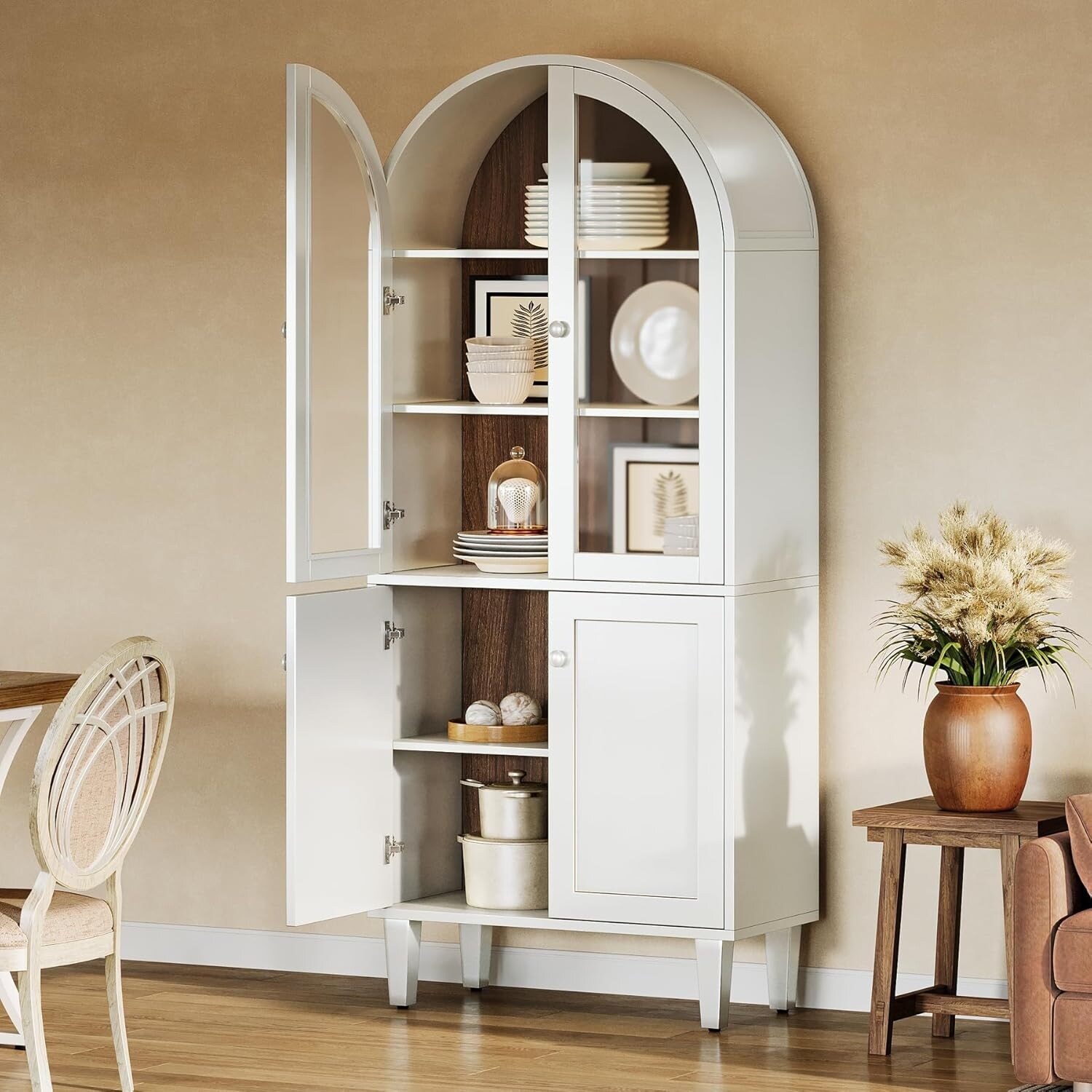 5-Tier White Wood Farmhouse Arch Storage Cabinet, 68 Inches Bookcase with Doors & Adjustable Shelves