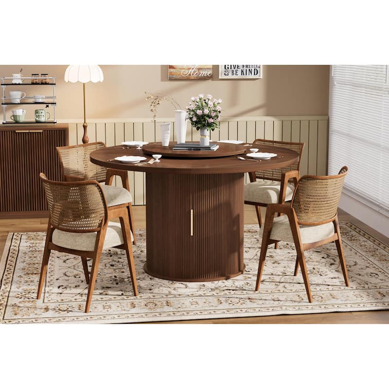 55-inch round dining table for 6, featuring a double-tiered storage rack and a rotating tabletop tray