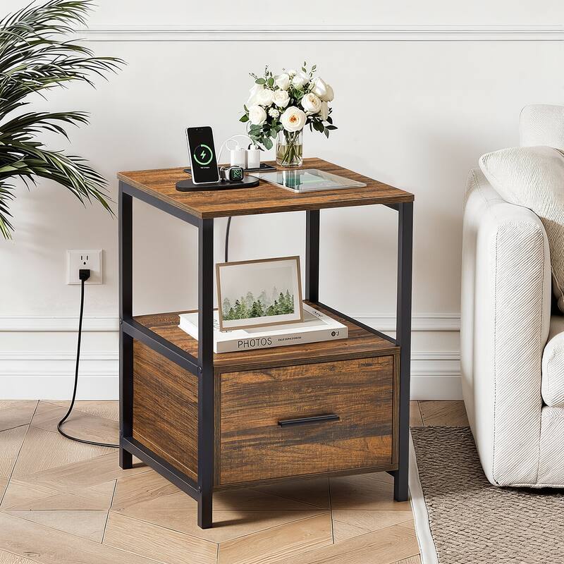 VECELO 2-Pack Nightstand Set with Charging Station 2 USB & 2 AC Outlets Compact End Table for Small Spaces (Set of 2)