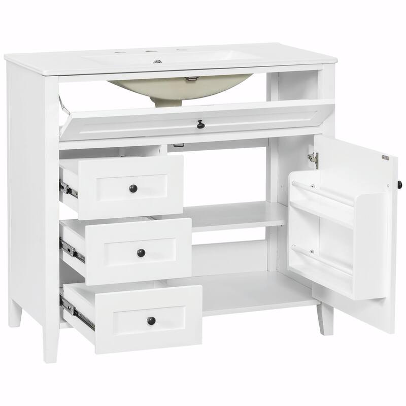 Bathroom Vanity with Sink, Modern MDF and Rubberwood Cabinet with 3 Drawers and Adjustable Shelf