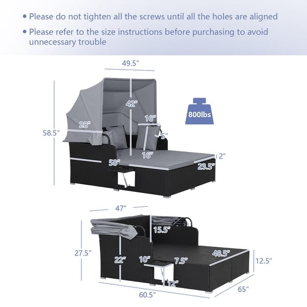 dimension image slide 1 of 7, Outdoor Patio Daybed with Canopy and Foldable Side Trays - 65" x 60.5 x 58.5"
