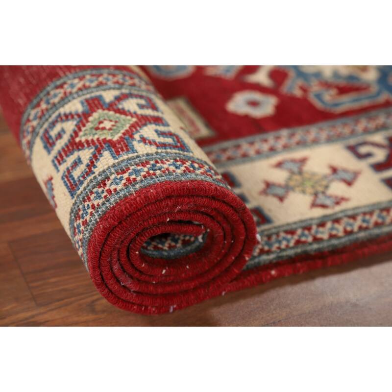 Red Geometric Kazak Runner Rug Handmade Oriental Wool Carpet - 2'9" x 10'1"