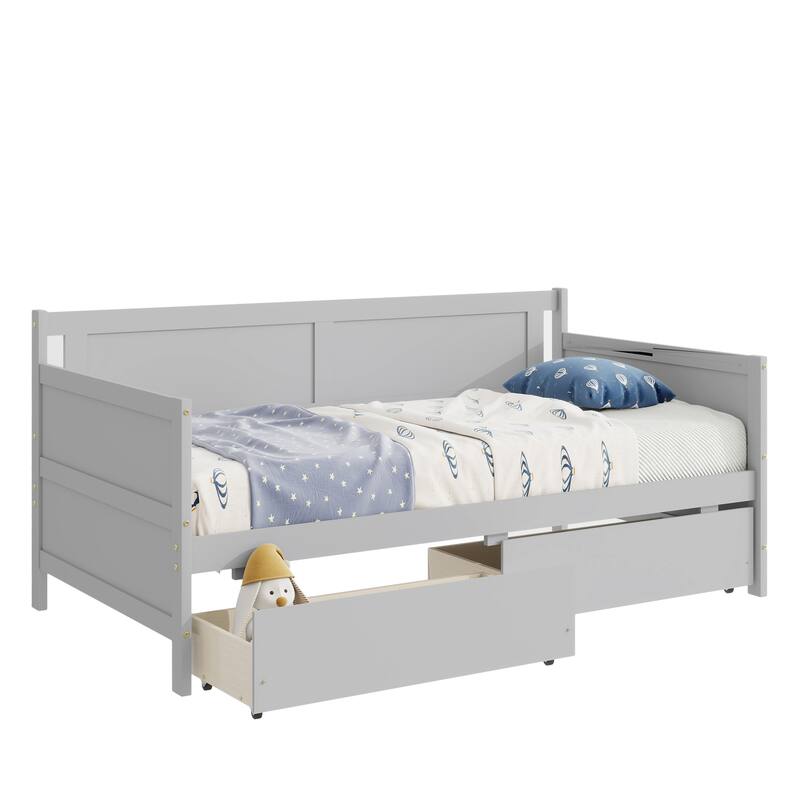 Twin Size Pine Wood Daybed with Two Storage Drawers, Grey