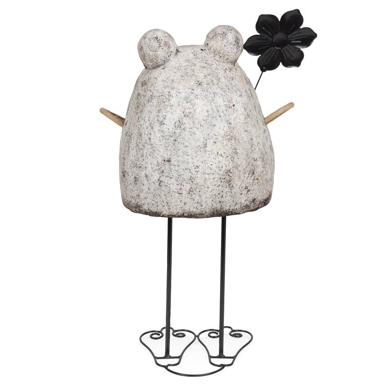 Stone Finish Frog with Metal Flower Statuary