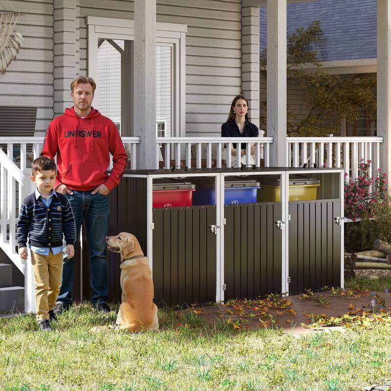 Garbage Bin Shed Stores 3 Trash Cans with Pneumatic Support Rod, with Lockable Doors & Waterproof Lid Chain
