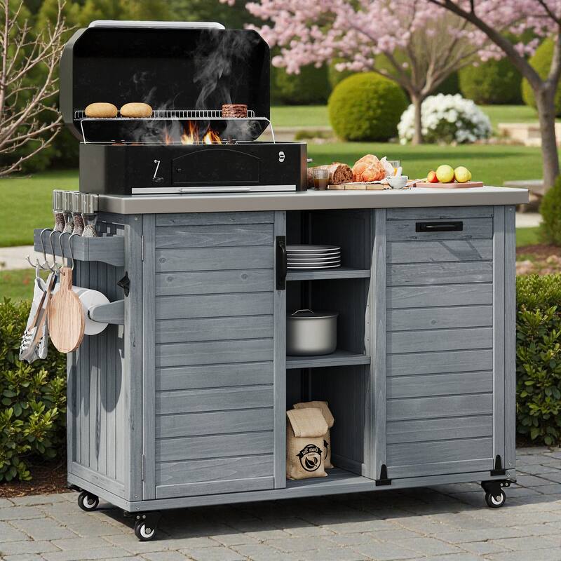 78.3" Outdoor Kitchen Island with Foldable Grill Table, Solid Wood BBQ Cart with Trash Storage & Stainless Steel Top