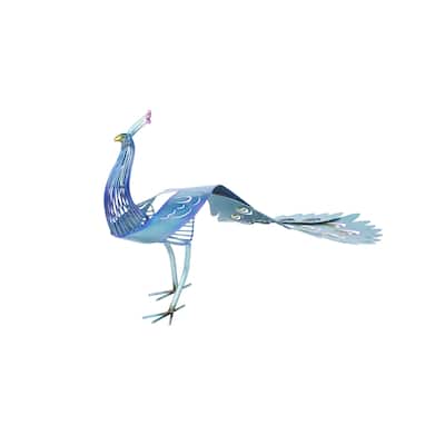 Metal Peacock Decorative Garden Sculpture with Open Wire Framed Body and Rainbow Accents - Blue - Roche River Decor