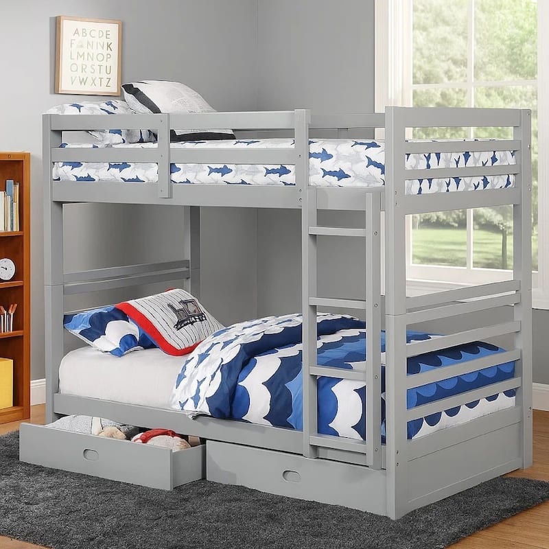 Transitional Twin Over Twin Bed with Attached Ladder and Drawers, Gray