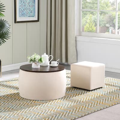 Velvet Upholstered 2-Piece Round Ottoman Set with Storage