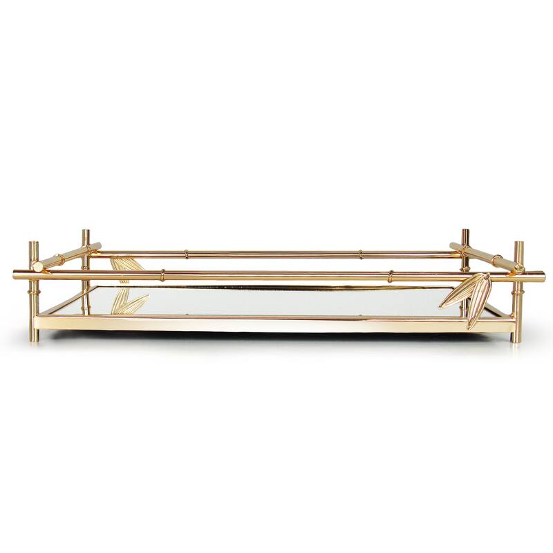 Gold Bamboo Style Rectangle Metal Mirror Decorative Tray Serving Platter - 15" L x 10.25" W x 3" H - Gold