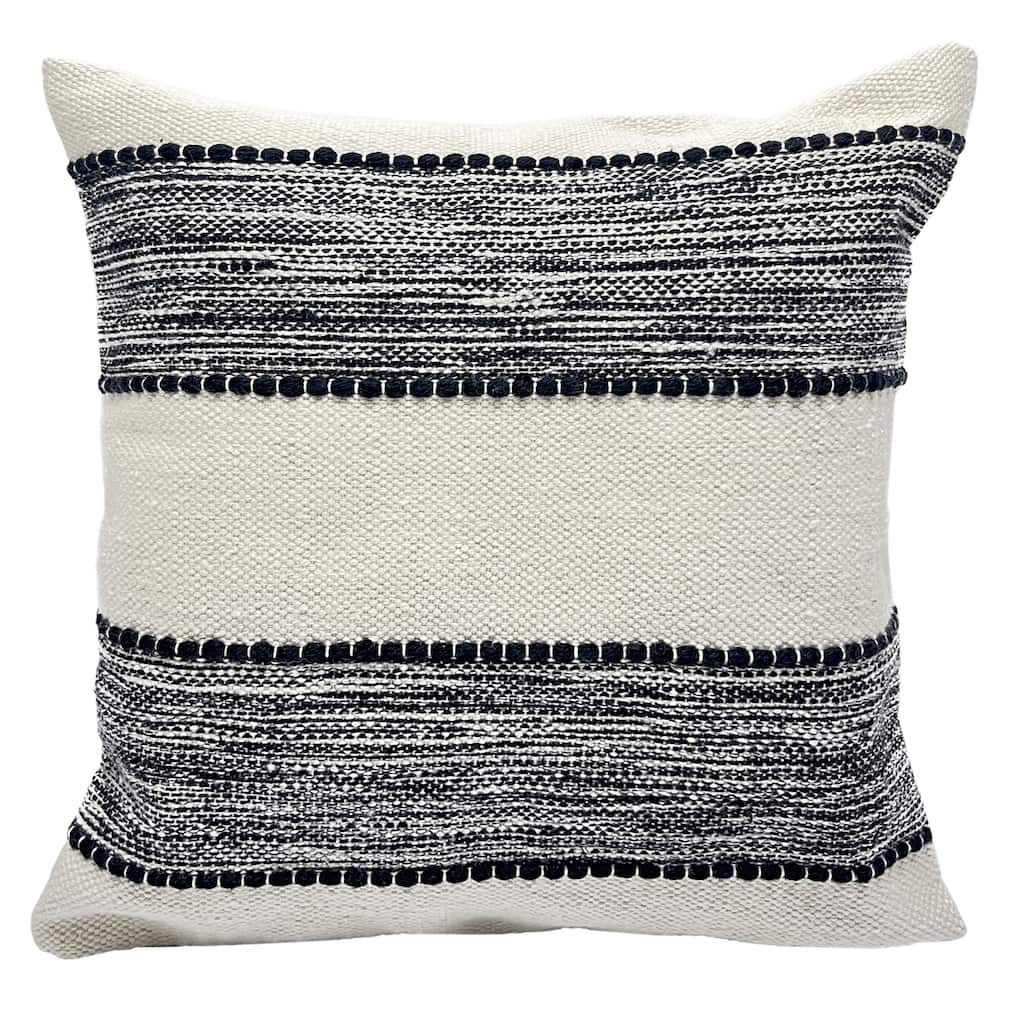 20" Black and Cream Textured Block Handloom Woven Square Cushion