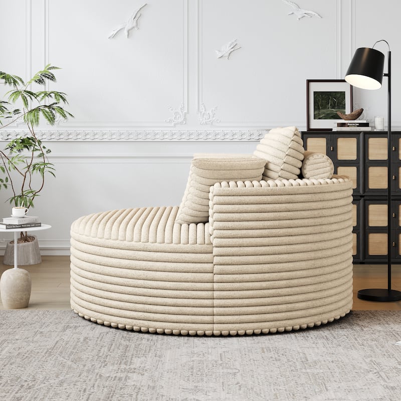 Corduroy Upholstered Single Sofa, Oversized Fluffy Sleeper Chair, Round Reading Chair with Headrest & 2 Pillow
