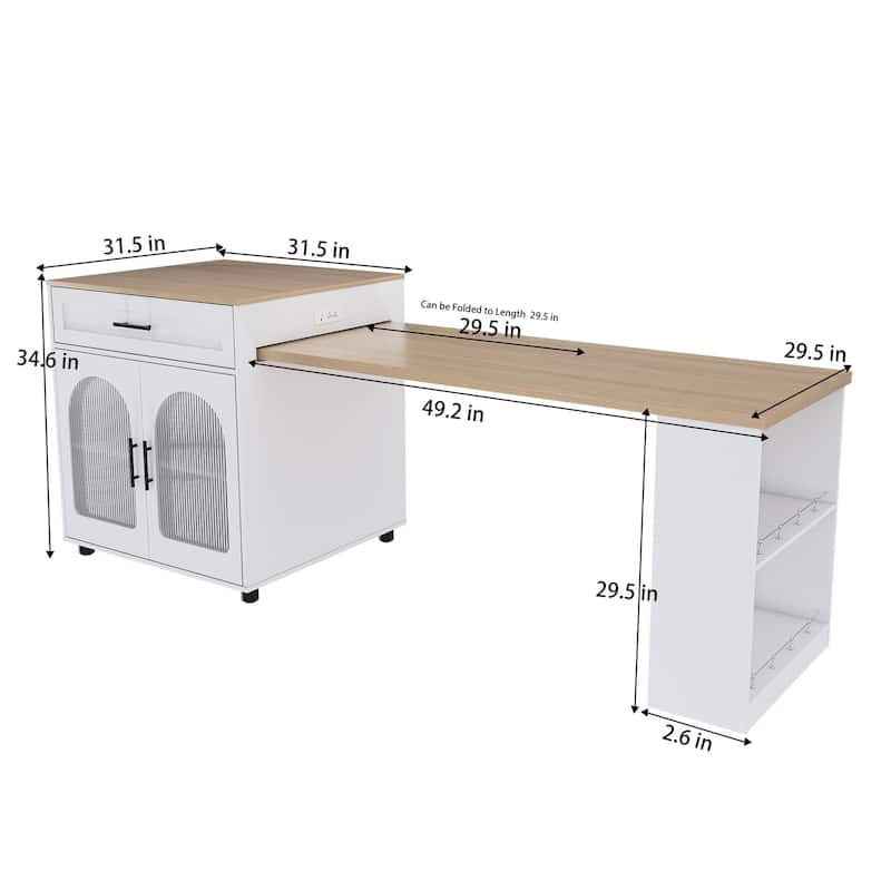 80" Expandable Kitchen Island with Dining Table, Mobile Storage Cart with Cabinet