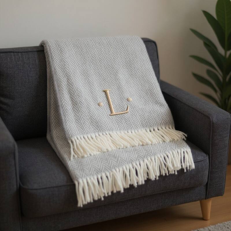 HomeRoots 55" X 70" Gray And White Herringbone Cotton Blend L Initial Throw Blanket with Tassels And Embroidery - Throw - White/Gray