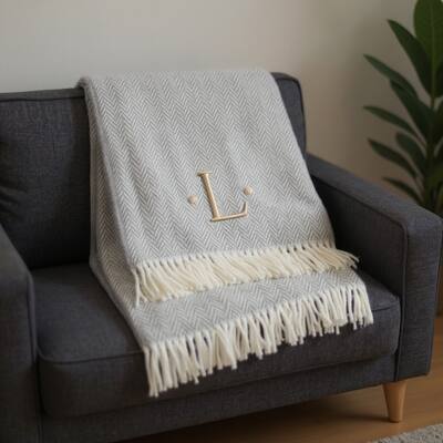 HomeRoots 55" X 70" Gray And White Herringbone Cotton Blend L Initial Throw Blanket with Tassels And Embroidery