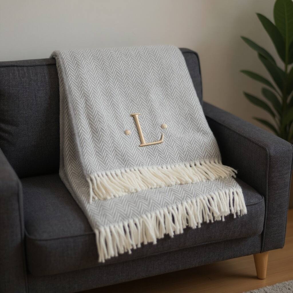HomeRoots 55" X 70" Gray And White Herringbone Cotton Blend L Initial Throw Blanket with Tassels And Embroidery