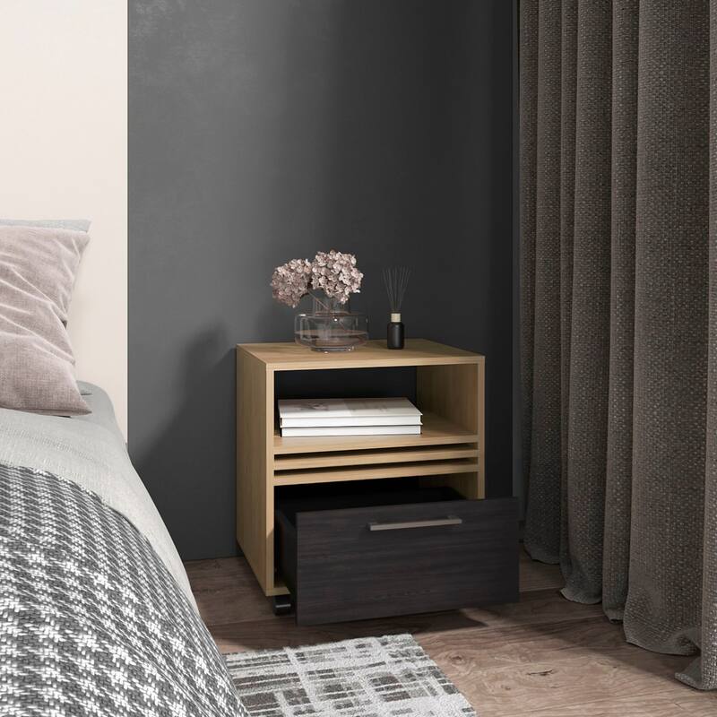 20-Inch High Mobile Nightstand with Drawer and Shelf, Natural Oak