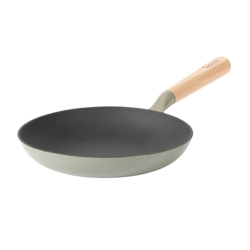 Sur La Table Kitchen Essential 9.5 Inch Pre-Seasoned Cast Iron Skillet with Wood Handle Natural Nonstick Lightweight Cast Iron - Juniper - 3.5 Quart