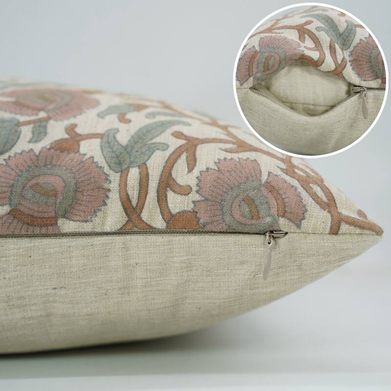 Fabdivine Hand Block Print Floral Pillow Cover Linen Cushion Case for Sofa Guest Room Fall Home Accent Gift, Shehjan