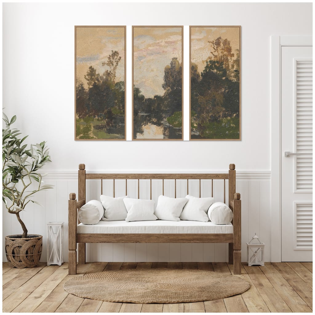 Kate and Laurel Landscape by the River Barycz Adolf Dressier 3 Piece Framed Canvas Wall Art Set by Nostalgia Prints