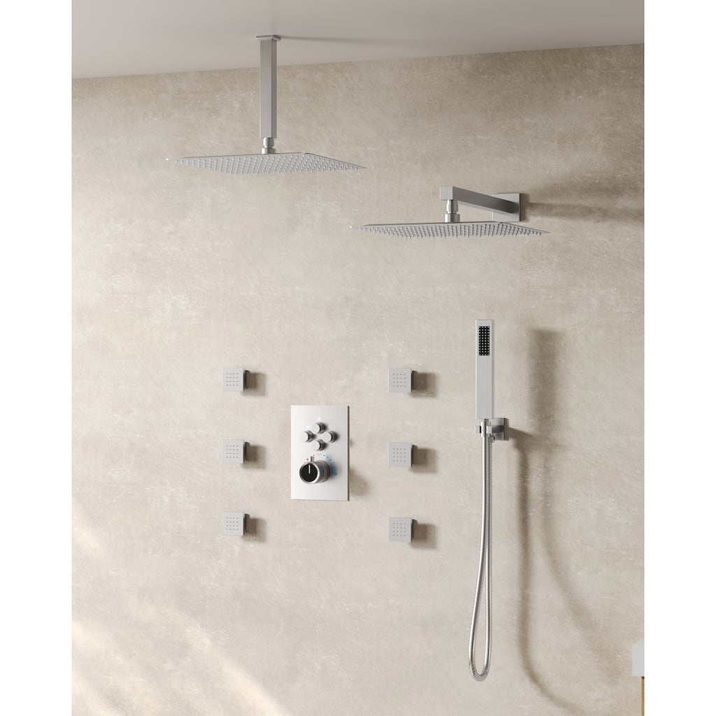 Thermostatic Dual Shower Head System ,12" High-Pressure Rainfall Shower Faucet with Four-Function Sprays