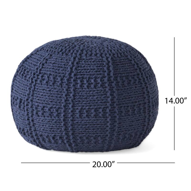 Oaks Aura Knitted Wool Cotton 20 x 20 Round Pouf, Modern Farmhouse Handcrafted Design Ottoman