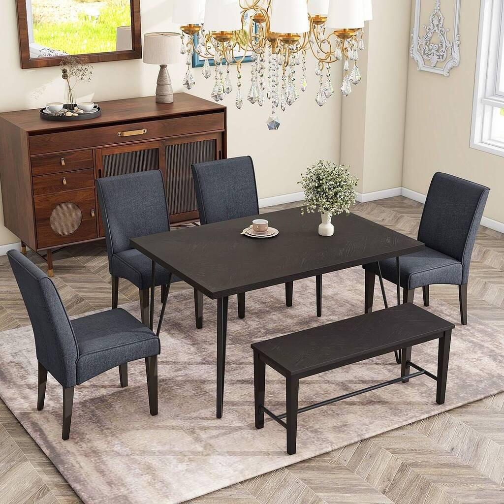 Dining Table Set for 6 / 52" Wooden Kitchen Table Set with Bench and 4 Upholstered Chairs / V-shaped Metal Leg Design