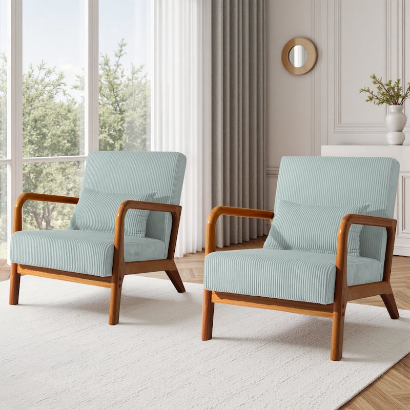 Uixe Mid Century Solid Wood Upholstered Corduroy Accent Chair - Light Blue-Set of 2