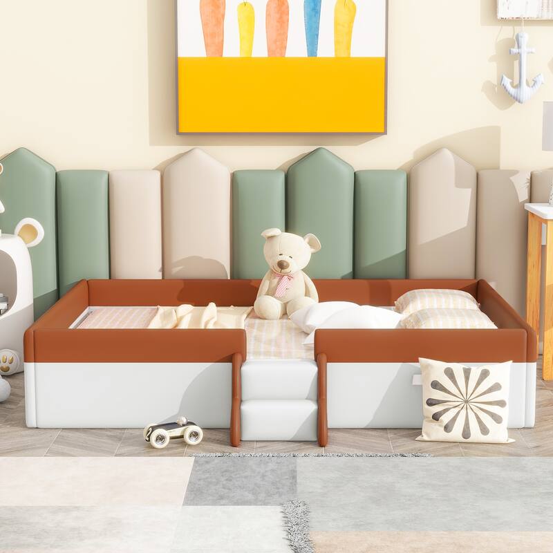 Roomfitters Twin/Full/Queen/King Size Upholstered Daybed Frame with Safety Fence and Stairs, PU Fabric Platform Bed with Slats