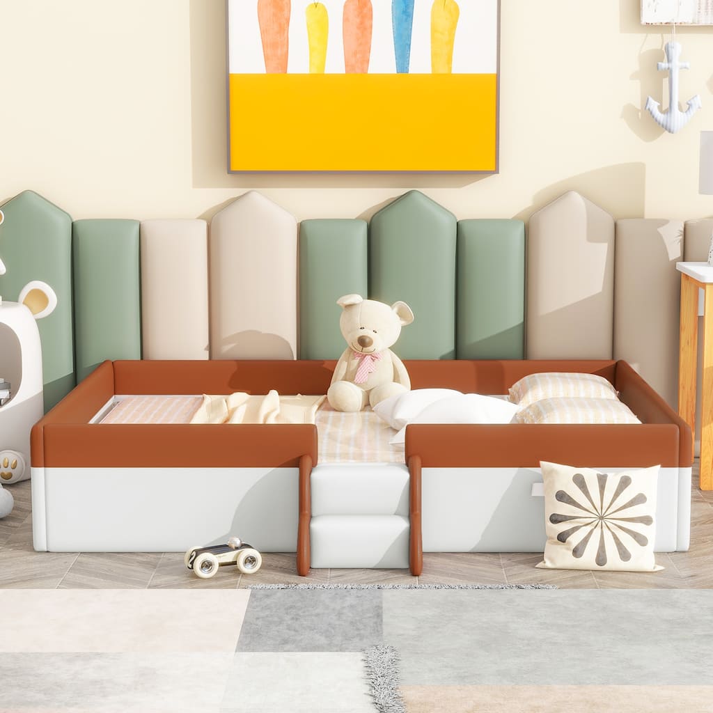 Upholstered Daybed Frame with Fence and Stairs