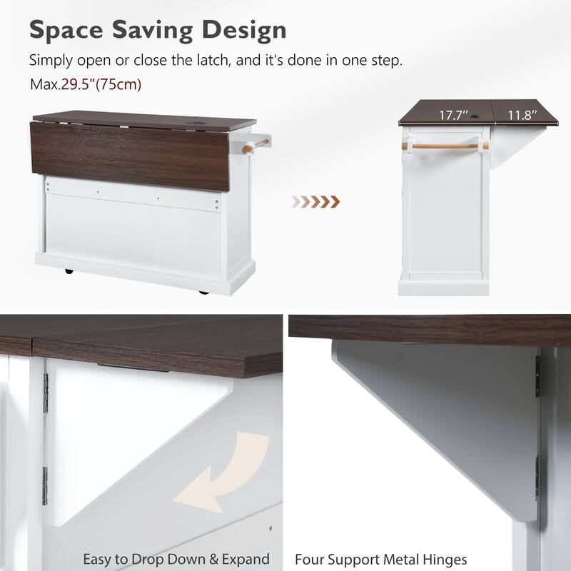54.9" Kitchen Island with Drop Leaf, Power Outlet, 4 Door Shelves, & 4 Wheels