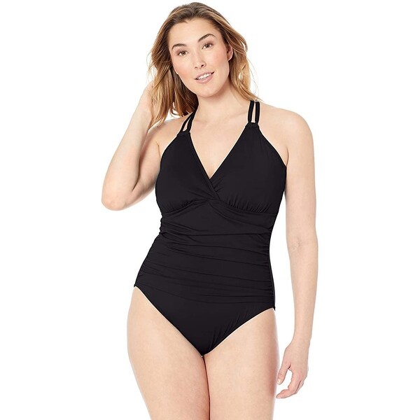 La Blanca Island Goddess Underwire Cross Back One Piece Swimsuit, Black, 16W. Opens flyout.