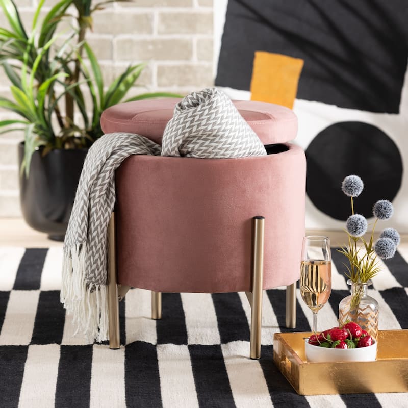 Malina Contemporary Glam & Luxe Metal-legged Velvet Storage Ottoman