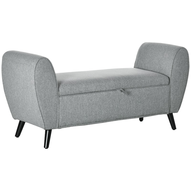 HOMCOM Modern Upholstered Storage Bench with Arms, Linen-Feel Fabric Ottoman Bench, Dark Grey