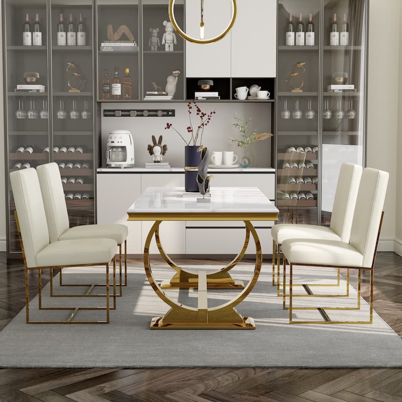 White and Gold Dining Room Table Set with 72 inch Table and White PU Leather Dining Chairs