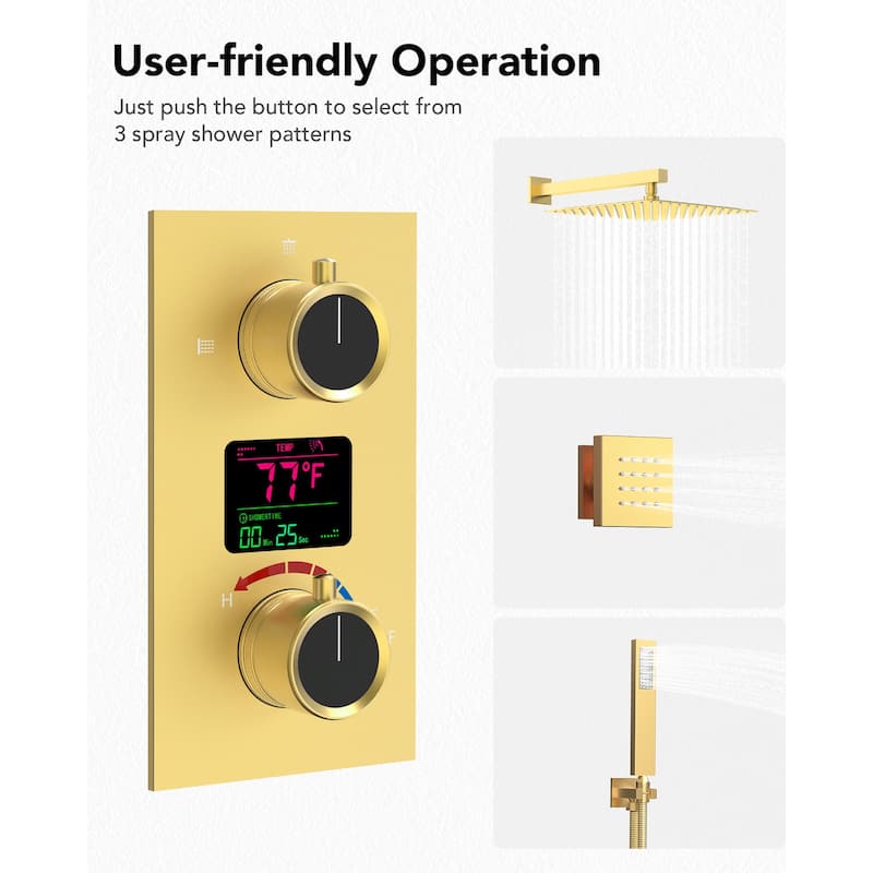 Wall-Mounted Shower Fixture System 12 in Rain Shower Head LCD Digital Thermostatic Valve Shower Faucet Set with 3 Body Jets