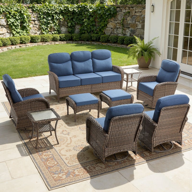 Luna 9-Piece Wicker Patio Conversation Set with Swivel Gliders and 6-Inch Thick Olefin Cushions - Navy Blue Cushions - Brown Wicker
