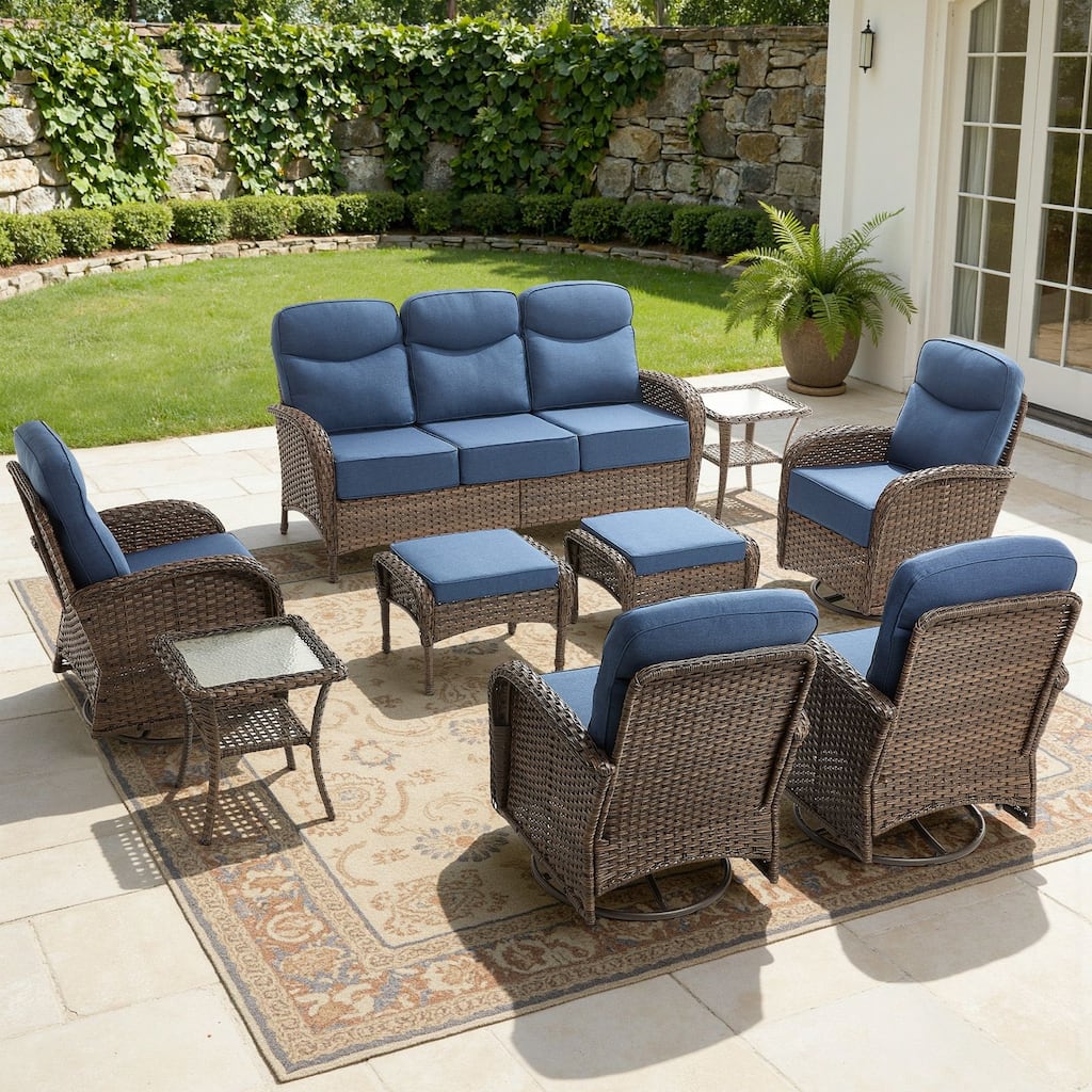 Luna 9-Piece Wicker Patio Conversation Set with Swivel Gliders and 6-Inch Thick Olefin Cushions