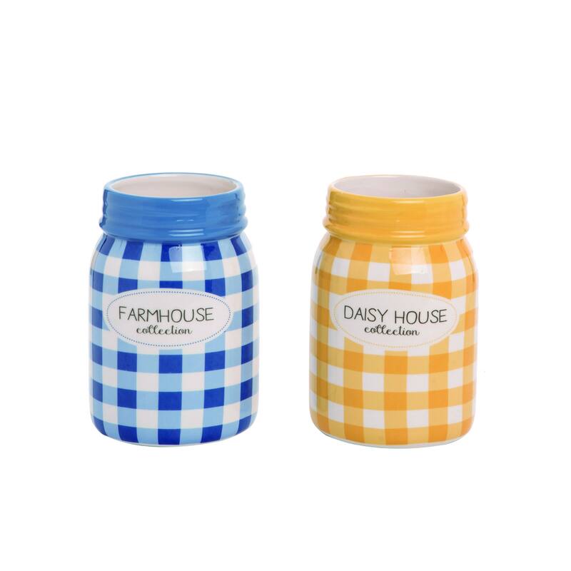 Transpac Blue Yellow Gingham Country Market Mason Container Set of 2 Home Decorations
