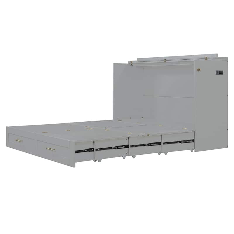 Queen Size Murphy Bed with Pulley System, Storage Drawer, USB Ports, and Sockets, Space-Saving