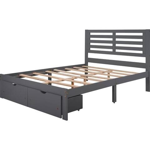 Full Storage Platform Bed with 2 Drawers&Horizontal Slats Headboard, Wood Panel Bed for Small Aprtment Dorm Bedroom