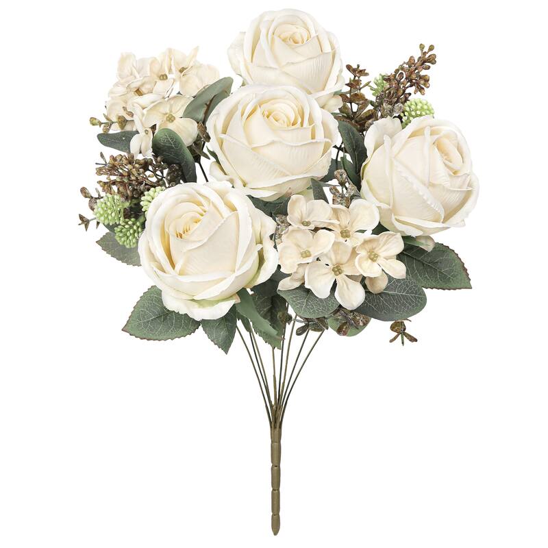 Set of 2 Cream Ivory Artificial Mixed Rose Hydrangea Berry Flower Stem Bush Bouquet 19in - 19" L x 10" W x 10" DP