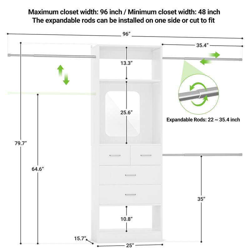 25'' - 96" W Closet System with 4 Wooden Drawers and Mirror, Walk-in Closet Organizer Kits with 3 Extendable Hanging Rods