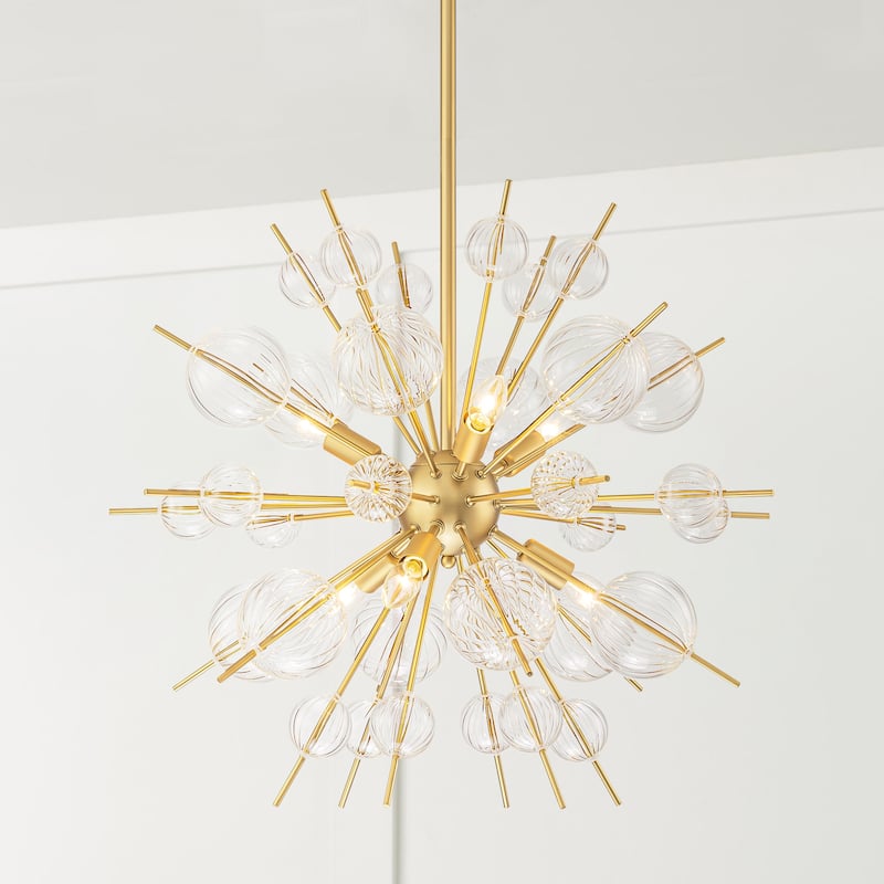 6-Light Mid-Century Modern Gold Linear Sputnik Textured Clear Glass Globe Bubble Chandelier for Dining Room
